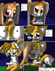 Size: 850x1102 | Tagged: safe, artist:arcticcryptid, cream the rabbit, miles "tails" prower, comic:sontails confession, 2009, blushing, comic, creamabetes, cute, dialogue, duo, english text, female, male, outdoors, panels, shocked, shrunken pupils, speech bubble, star (sky), tailabetes