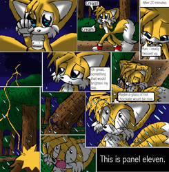 Size: 850x868 | Tagged: safe, artist:arcticcryptid, miles "tails" prower, comic:sontails confession, 2009, comic, cute, dialogue, english text, lightning, male, outdoors, panels, rain, scared, solo, speech bubble, star (sky), tailabetes, tree