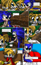 Size: 850x1340 | Tagged: safe, artist:arcticcryptid, miles "tails" prower, sonic the hedgehog, comic:sontails confession, 2009, blanket, comic, cute, dialogue, duo, english text, fallen tree, hot cocoa, indoors, lying on front, male, mug, outdoors, panels, rain, sitting, speech bubble, star (sky), tailabetes, tree