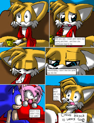 Size: 850x1104 | Tagged: safe, artist:arcticcryptid, amy rose, miles "tails" prower, sonic the hedgehog, comic:sontails confession, 2009, amybetes, comic, couch, cute, dialogue, english text, female, floppy ears, holding something, hot cocoa, indoors, male, mug, panels, scared, sitting, sofa, sonabetes, speech bubble, tailabetes, trio