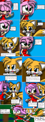 Size: 783x2097 | Tagged: safe, artist:arcticcryptid, amy rose, miles "tails" prower, comic:sontails confession, 2009, amybetes, comic, cute, dialogue, duo, english text, indoors, male, outdoors, panels, running, speech bubble, tailabetes