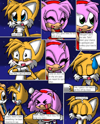 Size: 850x1048 | Tagged: safe, artist:arcticcryptid, amy rose, cream the rabbit, miles "tails" prower, comic:sontails confession, 2010, amybetes, blushing, comic, creamabetes, cute, dialogue, english text, nighttime, outdoors, panels, speech bubble, star (sky), sweatdrop, tailabetes, trio