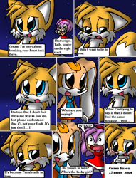 Size: 836x1097 | Tagged: safe, artist:arcticcryptid, amy rose, cream the rabbit, miles "tails" prower, comic:sontails confession, 2010, amybetes, apologising, blushing, comic, creamabetes, cute, dialogue, english text, floppy ears, nighttime, outdoors, panels, speech bubble, star (sky), tailabetes