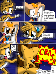 Size: 846x1117 | Tagged: safe, artist:arcticcryptid, cream the rabbit, miles "tails" prower, comic:sontails confession, 2011, comic, creamabetes, cute, dialogue, duo, english text, nighttime, outdoors, panels, running, shrunken pupils, speech bubble, star (sky), sweatdrop, tailabetes, tree