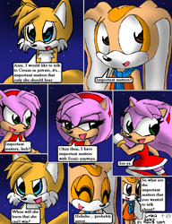 Size: 850x1105 | Tagged: safe, artist:arcticcryptid, amy rose, cream the rabbit, miles "tails" prower, comic:sontails confession, 2011, amybetes, comic, creamabetes, cute, dialogue, english text, nighttime, outdoors, panels, speech bubble, star (sky), tailabetes, trio