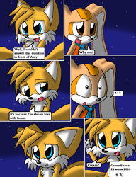 Size: 850x1108 | Tagged: safe, artist:arcticcryptid, cream the rabbit, miles "tails" prower, comic:sontails confession, ..., 2011, comic, creamabetes, cute, dialogue, english text, gay, nighttime, outdoors, panels, shrunken pupils, speech bubble, star (sky), tailabetes