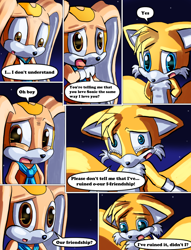 Size: 844x1103 | Tagged: safe, artist:arcticcryptid, cream the rabbit, miles "tails" prower, comic:sontails confession, 2011, colored version, comic, creamabetes, crying, cute, dialogue, english text, floppy ears, gay, nighttime, outdoors, panels, speech bubble, star (sky), tailabetes, tears