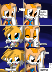 Size: 827x1139 | Tagged: safe, artist:arcticcryptid, cream the rabbit, miles "tails" prower, comic:sontails confession, 2016, comic, creamabetes, cute, dialogue, english text, floppy ears, gay, nighttime, outdoors, panels, speech bubble, star (sky), tailabetes