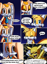Size: 850x1170 | Tagged: safe, artist:arcticcryptid, cream the rabbit, miles "tails" prower, comic:sontails confession, 2020, comic, creamabetes, crossover, cute, dialogue, electricity, english text, fourth wall break, nighttime, outdoors, panels, pikachu, speech bubble, star (sky), tailabetes
