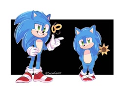 Size: 1017x786 | Tagged: safe, artist:salsacoyote, sonic the hedgehog, hedgehog, sonic the hedgehog (2020), baby, baby sonic, blue fur, gloves, green eyes, male, rings, shoes, socks, sunflower