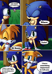 Size: 830x1170 | Tagged: safe, artist:arcticcryptid, miles "tails" prower, sonic the hedgehog, comic:sontails confession, 2020, abstract background, comic, dialogue, duo focus, english text, grass, heart, nighttime, outdoors, panels, sitting, speech bubble, standing, star (sky), tree, trio