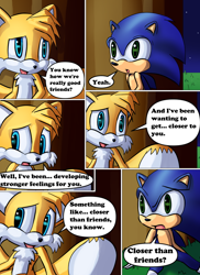 Size: 850x1170 | Tagged: safe, artist:arcticcryptid, miles "tails" prower, sonic the hedgehog, comic:sontails confession, 2021, comic, dialogue, duo, english text, gay, grass, nighttime, outdoors, panels, sitting, speech bubble, star (sky), tree