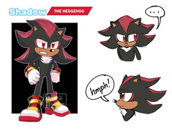 Size: 1017x786 | Tagged: safe, artist:salsacoyote, shadow the hedgehog, hedgehog, ..., black fur, dialogue, gloves, male, movie style, red eyes, red fur, shoes