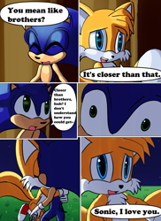 Size: 850x1170 | Tagged: safe, artist:arcticcryptid, miles "tails" prower, sonic the hedgehog, comic:sontails confession, 2021, comic, confession, dialogue, duo, english text, gay, grass, kiss, nighttime, outdoors, panels, shipping, shrunken pupils, sitting, sonic x tails, speech bubble, star (sky), surprised, tree
