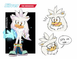 Size: 1017x786 | Tagged: safe, artist:salsacoyote, silver the hedgehog, hedgehog, boots, crying, dialogue, english text, gloves, grey fur, it's no use, male, movie style, yellow eyes