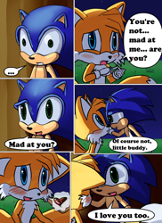 Size: 850x1170 | Tagged: safe, artist:arcticcryptid, miles "tails" prower, sonic the hedgehog, comic:sontails confession, 2021, blushing, comic, cute, dialogue, duo, english text, floppy ears, gay, grass, heart, looking at each other, nighttime, outdoors, panels, shipping, sitting, sonabetes, sonic x tails, speech bubble, star (sky), tailabetes, tree