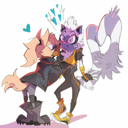 Size: 1024x1024 | Tagged: safe, artist:milkfake, tangle the lemur, whisper the wolf, 2020, duo, female, females only, heart, heart tail, holding them, leaning in, lesbian, nose boop, shadow (lighting), shipping, simple background, standing, surprised, tangle x whisper, white background