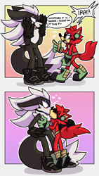 Size: 1493x2654 | Tagged: safe, artist:sickaede, gadget the wolf, infinite the jackal, 2019, abstract background, blushing, dialogue, duo, english text, gay, heart, holding them, kiss, male, males only, outline, rookinite, sfx, shipping, speech bubble