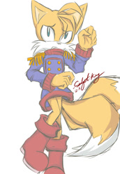 Size: 676x983 | Tagged: safe, artist:snidget-king, miles "tails" prower, fox, blue eyes, boots, jacket, male, orange fur, outfit swap