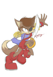 Size: 677x984 | Tagged: safe, artist:snidget-king, amadeus prower, fox, blue eyes, boots, brown fur, eyepatch, jacket, male, sword