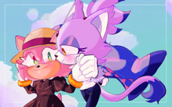Size: 540x338 | Tagged: safe, artist:kyuumons, amy rose, blaze the cat, cat, hedgehog, 2022, amy x blaze, blushing, clouds, cute, female, females only, hat, holding hands, lesbian, looking at viewer, shipping