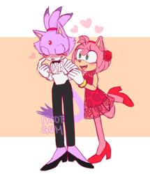 Size: 540x629 | Tagged: safe, artist:frootgum, amy rose, blaze the cat, cat, hedgehog, 2019, amy x blaze, blushing, cute, dress, eyes closed, female, females only, hands on arm, hearts, lesbian, shipping, shoes