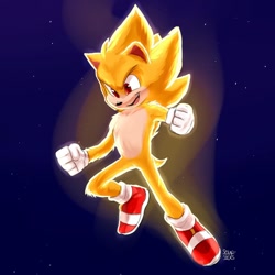 Size: 828x828 | Tagged: safe, artist:solar socks, sonic the hedgehog, super sonic, hedgehog, sonic the hedgehog 2 (2022), gloves, male, movie style, red eyes, shoes, socks, super form, yellow fur