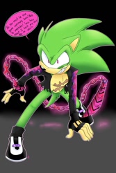 Size: 730x1095 | Tagged: safe, artist:gingygin, scourge the hedgehog, hedgehog, fingerless gloves, gloves, green fur, jacket, male, red eyes, scars, sharp teeth, shoes