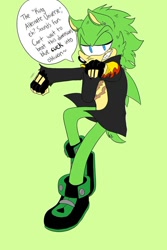 Size: 730x1095 | Tagged: safe, artist:gingygin, scourge the hedgehog, hedgehog, blue eyes, dialogue, english text, fingerless gloves, gloves, green fur, jacket, male, scars, sharp teeth, shoes