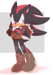 Size: 736x1037 | Tagged: artist needed, safe, shadow the hedgehog, hedgehog, black fur, boots, jacket, male, red eyes, red fur