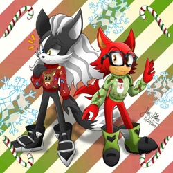 Size: 894x894 | Tagged: safe, artist:star-shiner, gadget the wolf, infinite the jackal, jackal, wolf, black fur, blue eyes, boots, christmas, christmas sweater, glasses, heterochromia, male, orange eyes, red fur, shoes, sweater, yellow eyes
