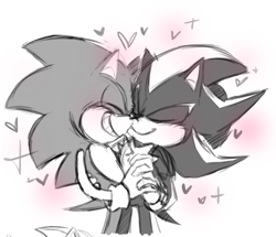 Size: 591x509 | Tagged: safe, artist:sodapunkz, shadow the hedgehog, sonic the hedgehog, blushing, cute, duo, eyes closed, gay, greyscale, heart, holding each other, holding hands, shadow x sonic, shadowbetes, shipping, simple background, sketch, smile, sonabetes, sparkles, standing, white background