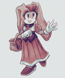 Size: 1849x2194 | Tagged: safe, artist:frostiios, vanilla the rabbit, rabbit, adult, female, grey background, looking offscreen, picnic basket, simple background, smile, solo, walking, waving