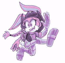 Size: 2048x1980 | Tagged: safe, artist:frostiios, bunnie rabbot, cyborg, female, grey background, hat, looking offscreen, mid-air, mouth open, partially roboticized, simple background, smile, waving
