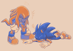 Size: 2048x1440 | Tagged: safe, artist:frostiios, knuckles the echidna, sonic the hedgehog, beige background, bending over, cross popping vein, duo, eyes closed, floppy ear, laughing, looking at them, lying on front, male, males only, simple background, standing