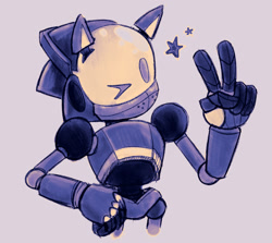 Size: 2048x1825 | Tagged: safe, artist:frostiios, sonic prime s2, chaos sonic, grey background, hand on hip, looking offscreen, robot, simple background, standing, star (symbol), v sign, wink