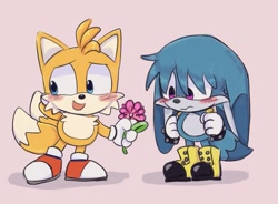 Size: 1861x1370 | Tagged: safe, artist:chibi-0004, kit the fennec, miles "tails" prower, fox, blushing, chibi, cute, duo, fennec, flower, frown, gay, hand behind head, holding something, kitabetes, kitails, looking at something, looking away, male, males only, nervous, pink background, shipping, simple background, smile, standing, tailabetes