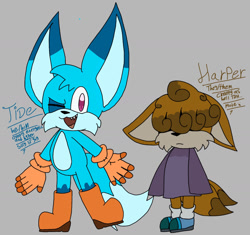 Size: 1569x1477 | Tagged: safe, artist:strawbee-strawberries, oc, oc:harper the fennec, oc:tide the fennec, blue fur, boots, brown fur, character name, duo, ears up, english text, fankid, flat colors, frown, gloves, grey background, hair over eyes, looking at viewer, magical gay spawn, male, nonbinary, parent:kit, parent:tails, parents:kittails, pink eyes, pronouns, shoes, simple background, smile, socks, standing, sweater, wink