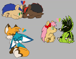 Size: 1158x910 | Tagged: safe, artist:strawbee-strawberries, amy rose, kit the fennec, miles "tails" prower, shadow the hedgehog, sonic the hedgehog, surge the tenrec, fox, hedgehog, tenrec, amybetes, animalified, blushing, bow, cute, female, fennec, gay, grey background, group, heart, kitabetes, kitails, lesbian, literal animal, male, shadow x sonic, shadowbetes, shipping, simple background, sitting, smile, sonabetes, surgabetes, surgamy, tailabetes