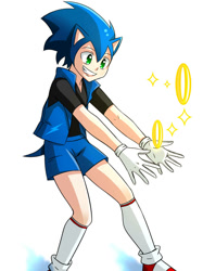 Size: 827x1104 | Tagged: safe, artist:moonlight7earltea, sonic the hedgehog, human, anime, gloves, hedgehog tail, humanized, long socks, male, rings, simple background, solo, white background, youtube link in description