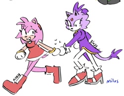 Size: 540x417 | Tagged: safe, artist:miles-deerbun, amy rose, blaze the cat, cat, hedgehog, 2023, amy x blaze, amy's halterneck dress, blaze's tailcoat, cute, female, females only, hearts, holding hands, lesbian, looking at them, shipping