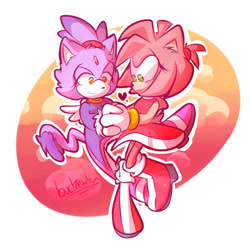 Size: 540x540 | Tagged: safe, artist:buckettkun, amy rose, blaze the cat, cat, hedgehog, 2020, amy x blaze, amy's halterneck dress, blaze's tailcoat, cute, female, females only, heart, holding hands, lesbian, looking at them, shipping