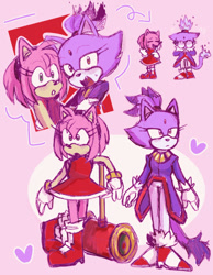 Size: 540x696 | Tagged: safe, artist:haylenuwu, amy rose, blaze the cat, cat, hedgehog, 2022, amy x blaze, amy's halterneck dress, blaze's tailcoat, covering face, cute, female, females only, hand on arm, hearts, lesbian, looking at something, looking at viewer, piko piko hammer, shipping, sketch