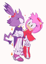 Size: 540x755 | Tagged: safe, artist:fliquen, amy rose, blaze the cat, cat, hedgehog, 2023, amy x blaze, amy's halterneck dress, blaze's tailcoat, cute, female, females only, flames, heart, lesbian, looking at each other, shipping
