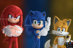 Size: 3200x2100 | Tagged: safe, artist:jocelynminions, knuckles the echidna, miles "tails" prower, sonic the hedgehog, echidna, fox, hedgehog, movie style, team sonic