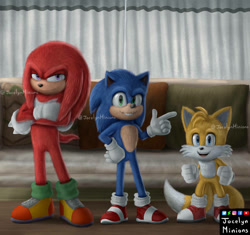 Size: 923x866 | Tagged: safe, artist:jocelynminions, knuckles the echidna, miles "tails" prower, sonic the hedgehog, echidna, fox, hedgehog, movie style, team sonic