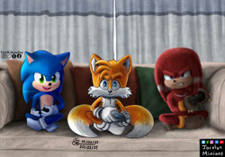 Size: 1069x748 | Tagged: safe, artist:diananovelo11, artist:jocelynminions, artist:vaekibouiny, knuckles the echidna, miles "tails" prower, sonic the hedgehog, echidna, fox, hedgehog, collaboration, movie style, team sonic