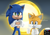 Size: 3000x2100 | Tagged: safe, artist:jocelynminions, miles "tails" prower, sonic the hedgehog, fox, hedgehog, duo, gradient background, looking at viewer, mouth open, open smile, ring, smile, smiling at viewer, watermark