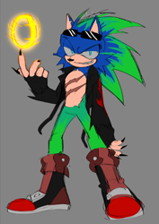 Size: 480x679 | Tagged: safe, artist:silodise, scourge the hedgehog, hedgehog, boots, fingerless gloves, glasses, jacket, male, ring, spinning object, sunglasses