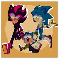 Size: 2048x2048 | Tagged: safe, artist:head---ache, shadow the hedgehog, sonic the hedgehog, oc, oc:emmie the hedgehog, hedgehog, abstract background, adult, bandana, black fur, blue fur, child, cute, eyelashes, family, fankid, father and daughter, female, gay, holding hands, magical gay spawn, male, missing tooth, older, parent:shadow, parent:sonic, parents:sonadow, shadow x sonic, shipping, smile, trio, walking